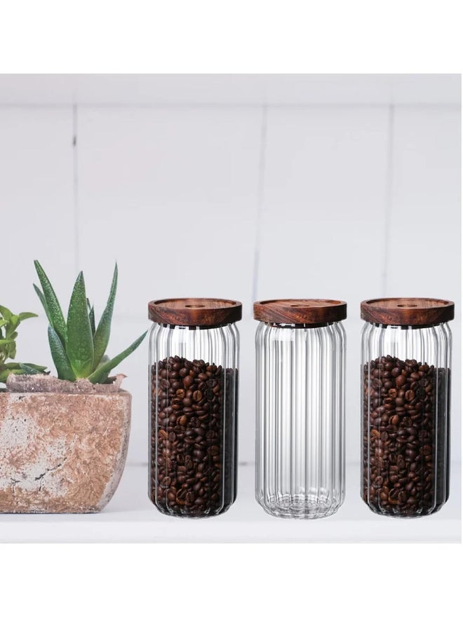 1CHASE 3-Piece Borosilicate Stripe Glass Food Storage Jar With Acacia Wood Air Tight Lid 1000 ML - Image 1